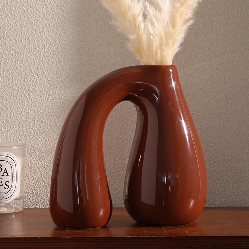 PROBENEX Brown Ceramic Decorative Pitcher Vase, 7.5 in – Glossy Sculptural Arch-Handle, Warm Earth-Tone Home Décor for Fresh or Dried Floral Arrangements, Table/Shelf/Entryway, Giftable - Image 4